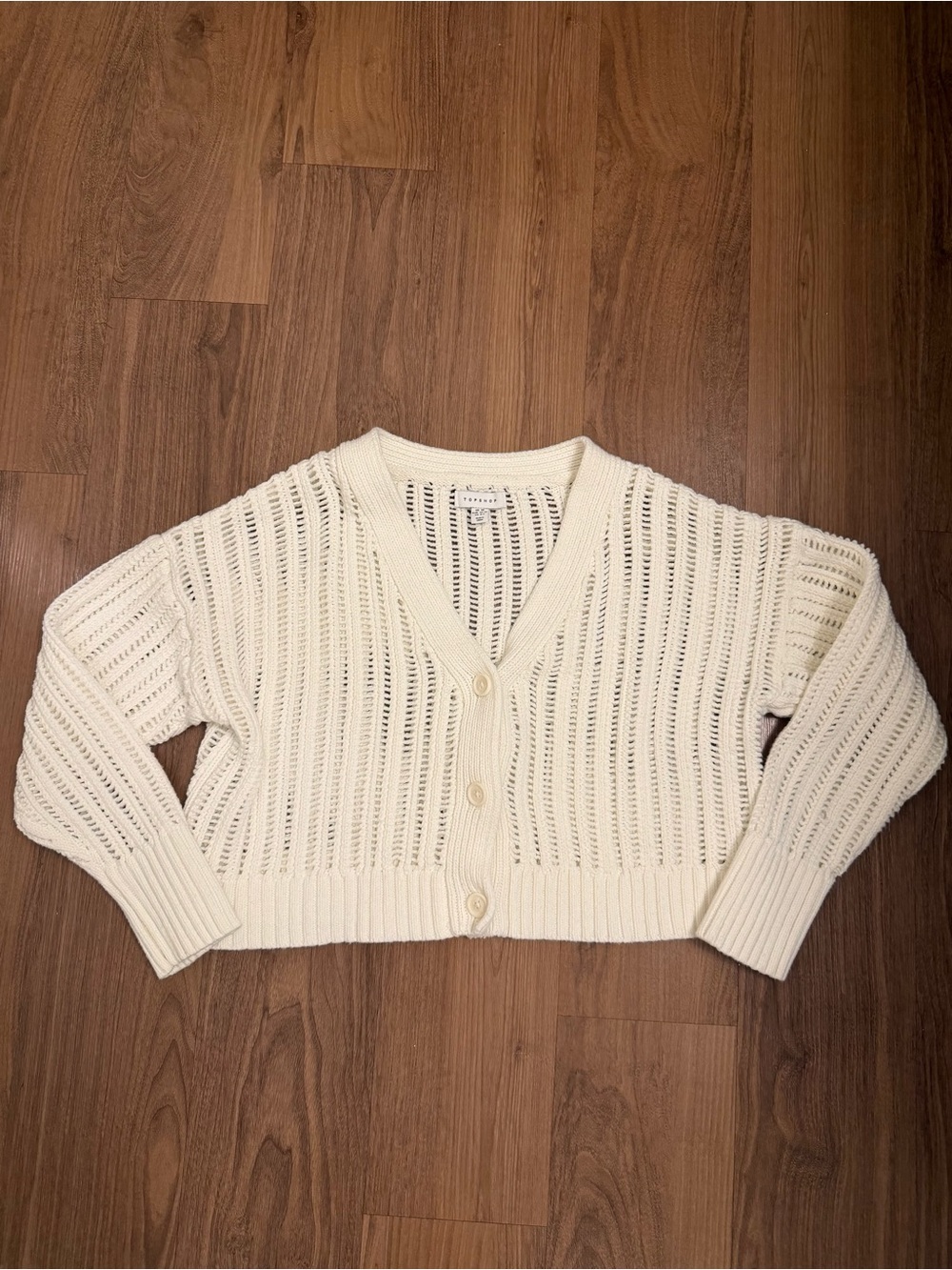 Topshop Cream Open-Knit V-Neck Button-Front Cardigan